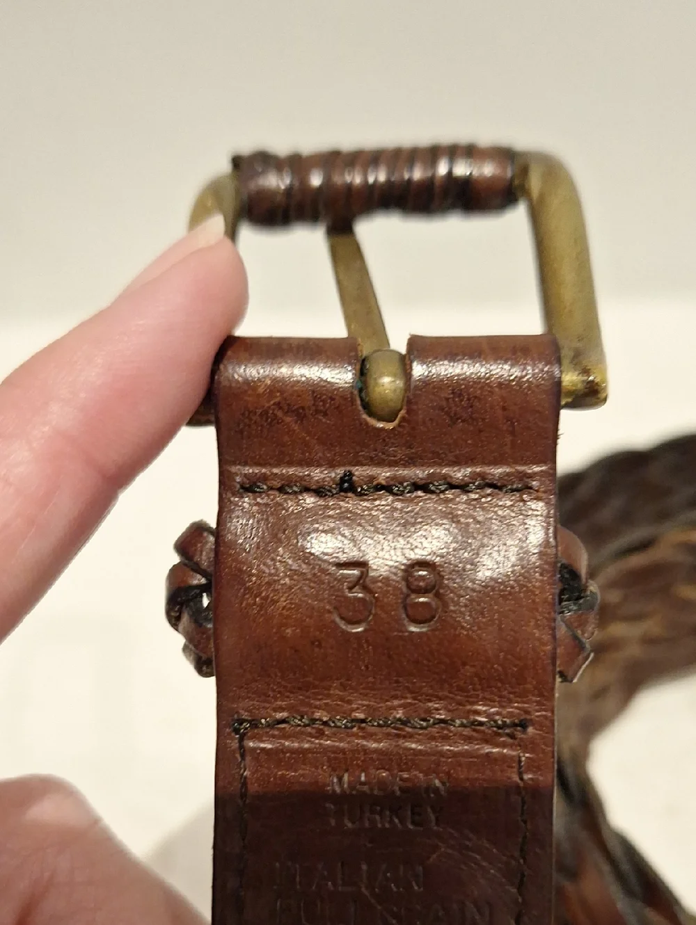 Brown Braided Leather Belt with Brass Buckle - Size 38